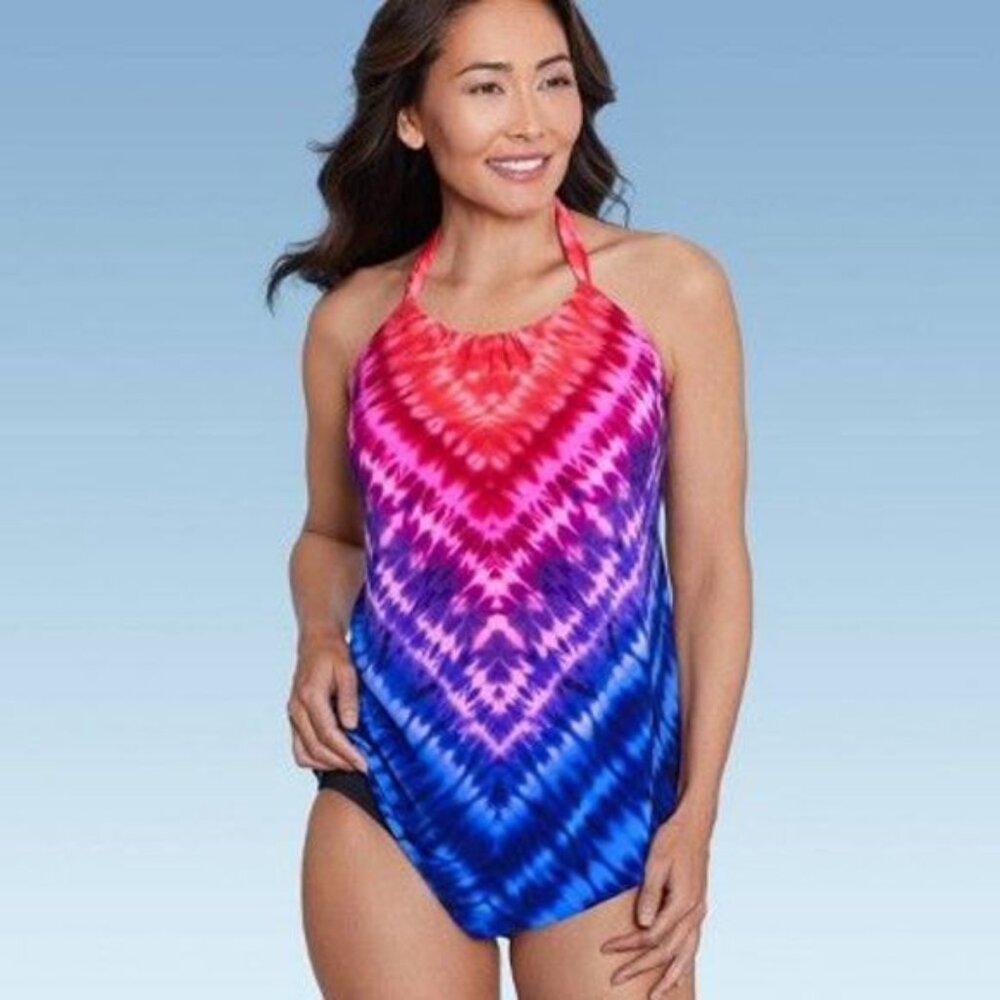 Aqua Green High Neck Angled Tankini Top UPF 50 Size Medium - Picture 3 of 11